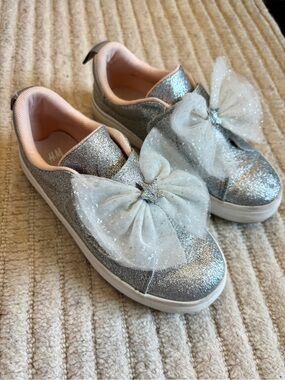 H&M Silver Glitter Kids Slip-On Sneakers with Tulle Bow